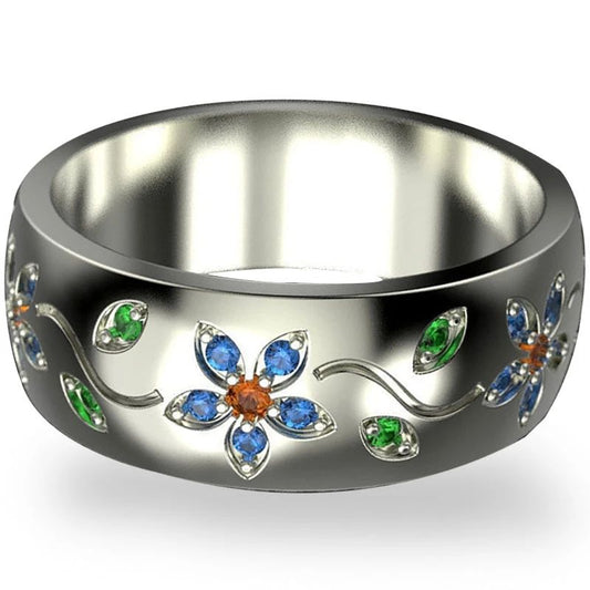 Colorful Small Flower Vine Silver Ring