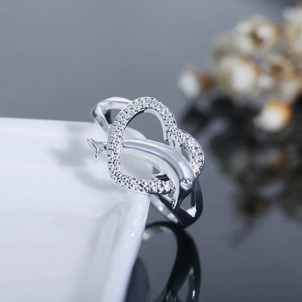 925 Sterling Silver Cute Dolphin Hollow Heart Ring