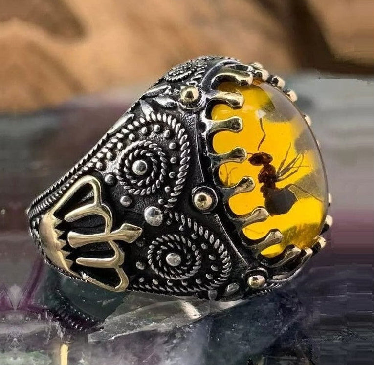 Men's Oval Gothic Crown Yellow Amber Ant Fossil Insect Two-Tone Ring