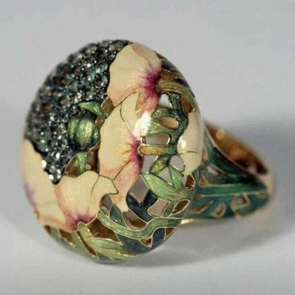 Stunning Chinese Hand-Painted Lotus Flower Ring