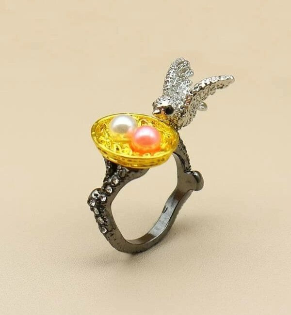 Bird Nest Faux Pearl Egg Crystal Pave Statement Ring Unique Gift