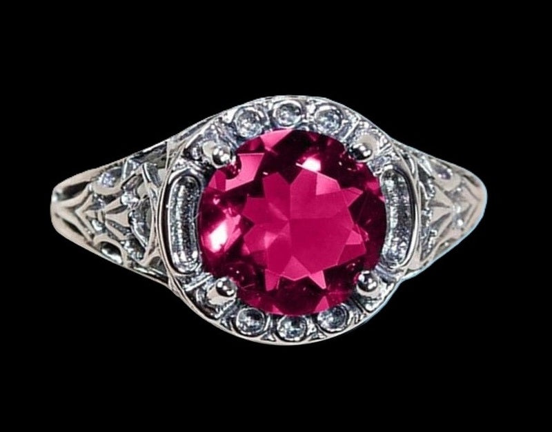 1CT Hollow Red Topaz Art Deco Vintage Silver Filigree Ring