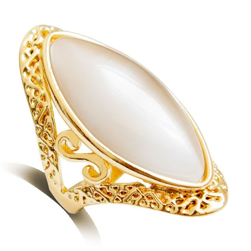 27mm Oval White Hollow Cat's Eye Antique Gold Ring