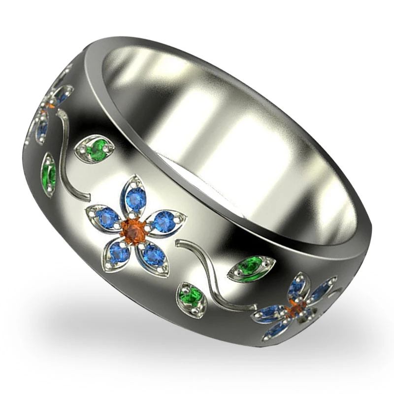 Colorful Small Flower Vine Silver Ring