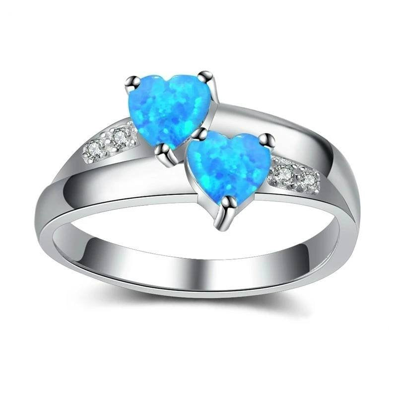 Blue Fire Opal Double Heart Silver Ring