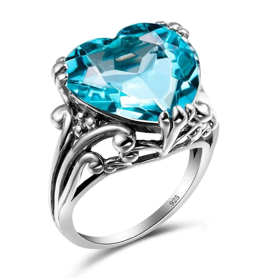 12mm Blue Aquamarine Silver Tone Heart Shaped Ring