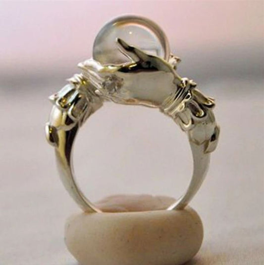 Retro Clear Marble Bead Hugging Hands Silver Ring