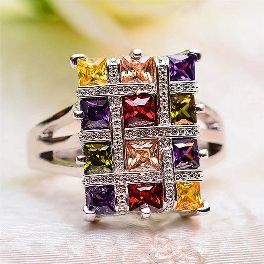 Colorful Multicolor Garnet Topaz Silver Geometric Ring