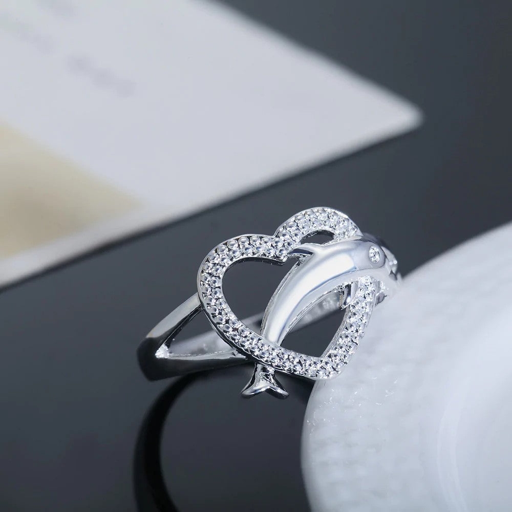 925 Sterling Silver Cute Dolphin Hollow Heart Ring