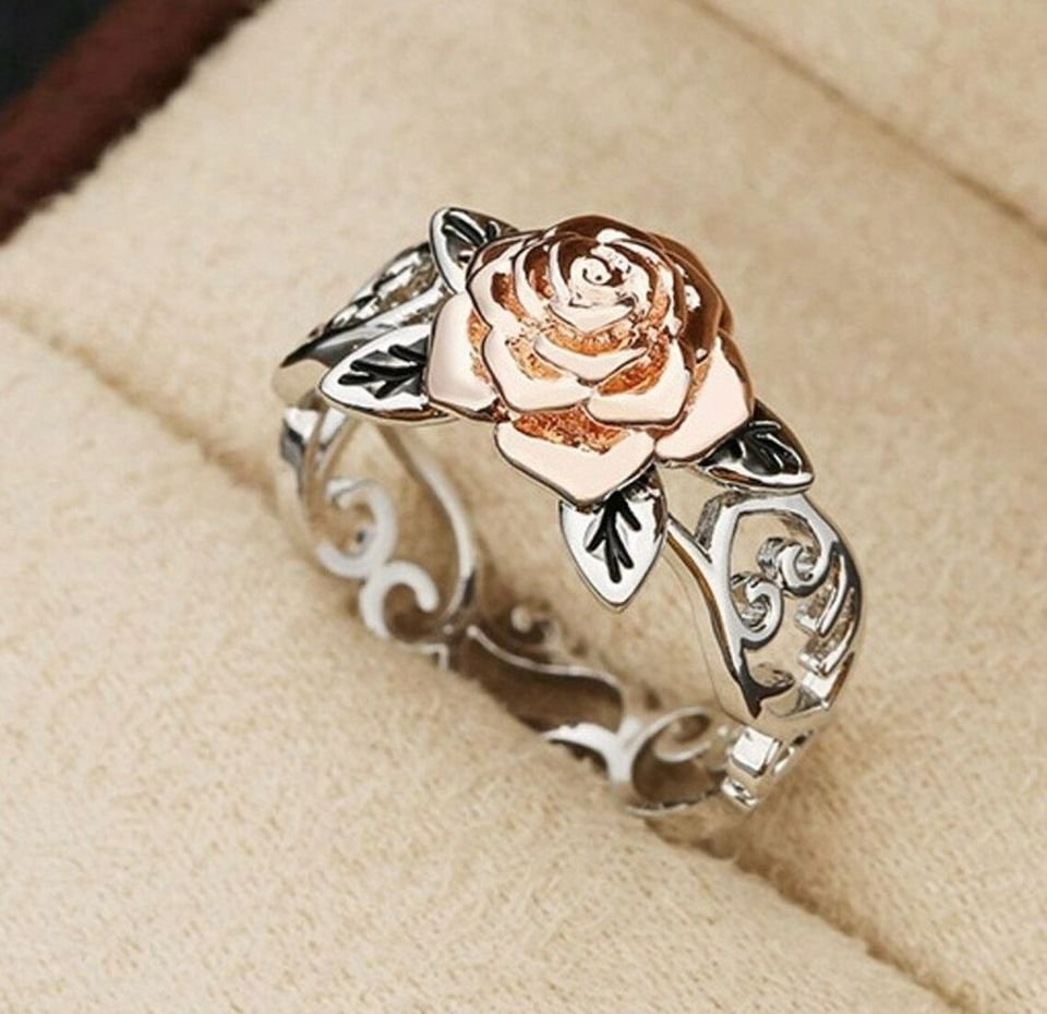 Exquisite Silver Floral Rose Flower Ring