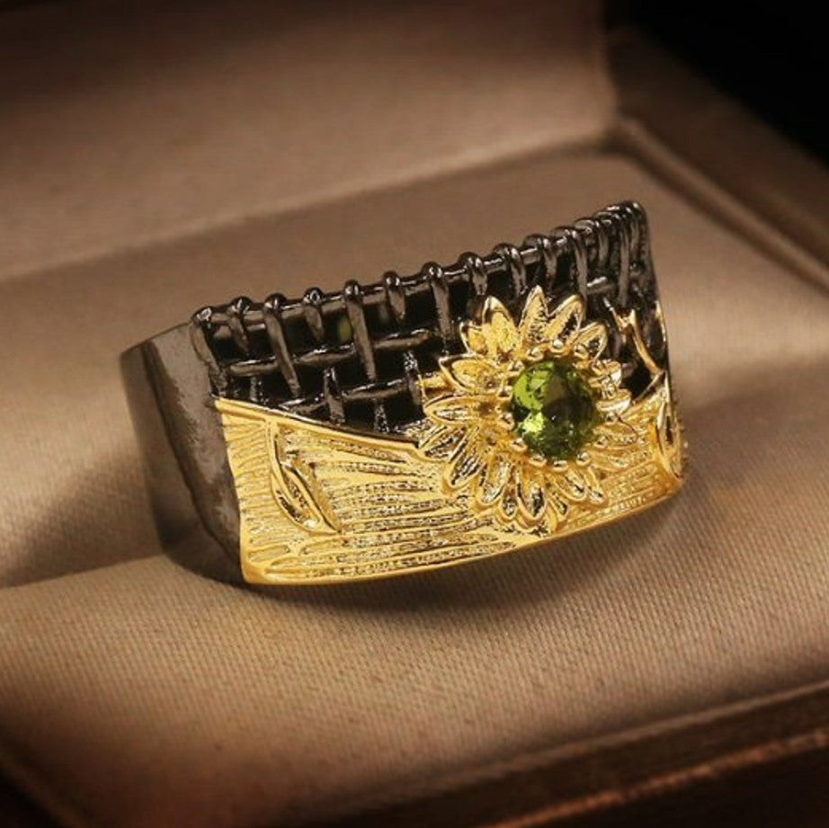 Carved Sunflower Micro Green Olivine Hollow Silver Ring