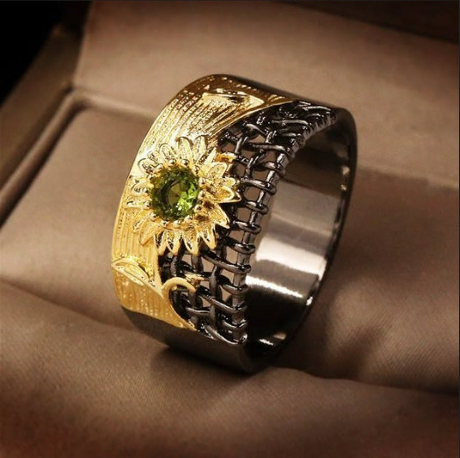 Carved Sunflower Micro Green Olivine Hollow Silver Ring