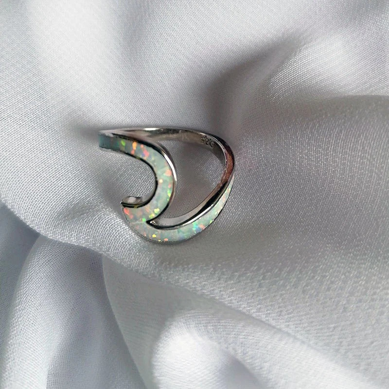 Unique White Opal Wave Silver Ring