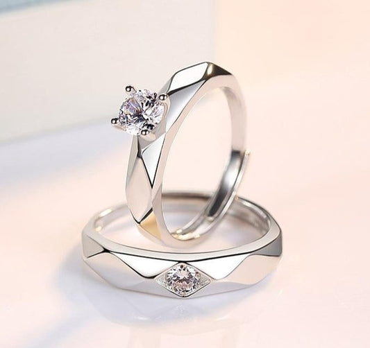 2pcs Rhombus Matching Open Silver Couple Rings