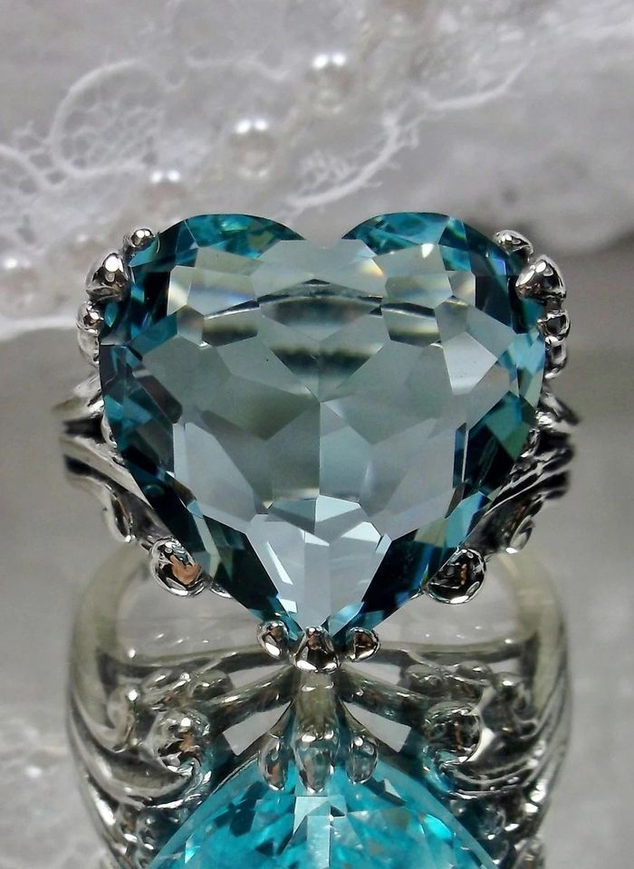 12mm Blue Aquamarine Silver Tone Heart Shaped Ring