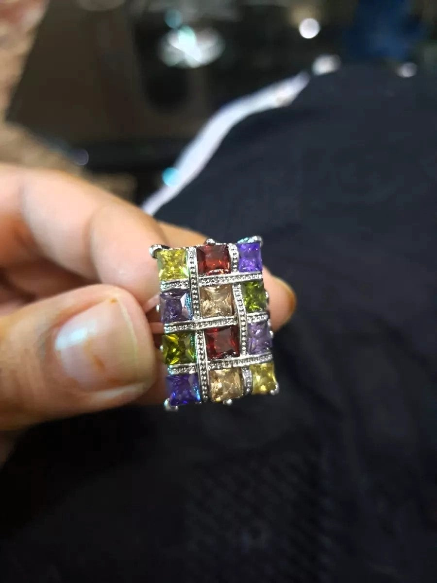 Colorful Multicolor Garnet Topaz Silver Geometric Ring