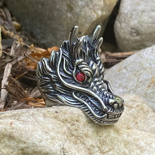 Gothic Silver Dragon Head Ring | Red Gemstone Eye Punk Biker Statement Jewelry
