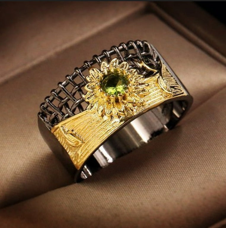 Carved Sunflower Micro Green Olivine Hollow Silver Ring