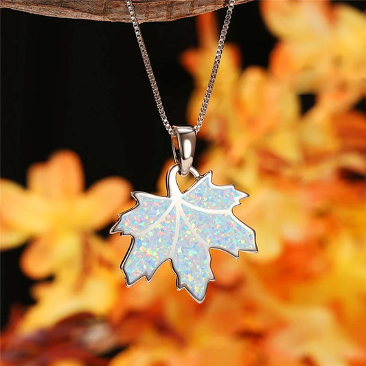 White Opal Maple Leaf Pendant Silver Nature Necklace