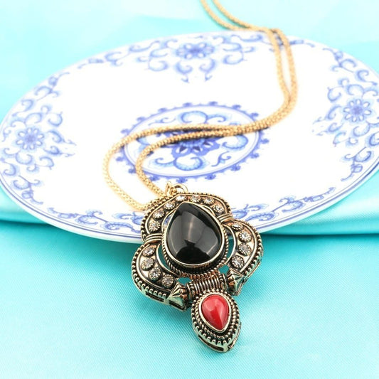 Huge 59mm Ethnic Black Antique Gold Vintage Necklace & Chain