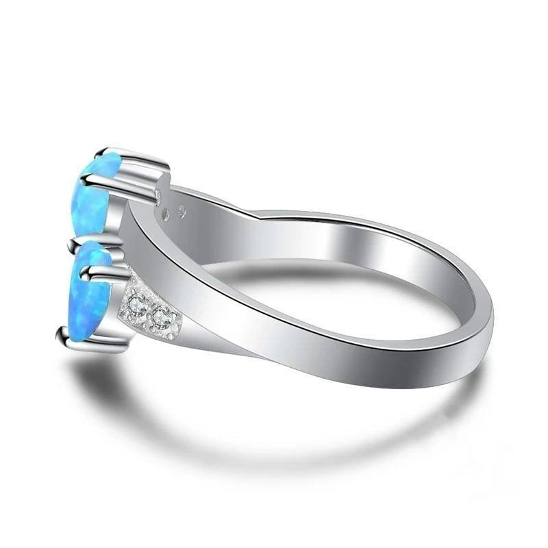 Blue Fire Opal Double Heart Silver Ring