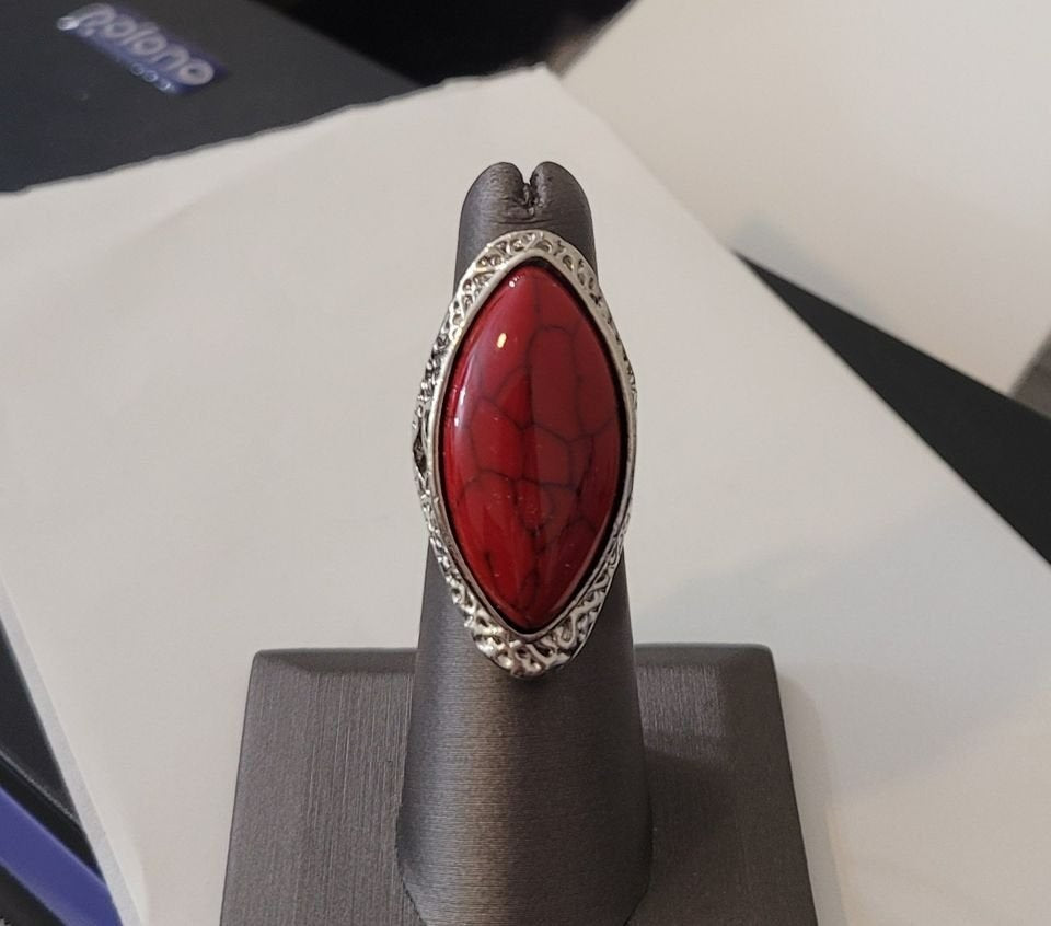 Natural Red 27mm Stone Hollow Antique Silver Ring