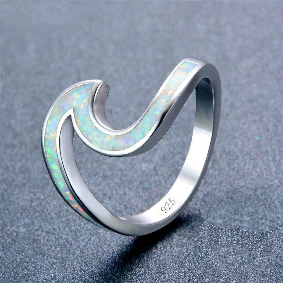 Unique White Opal Wave Silver Ring