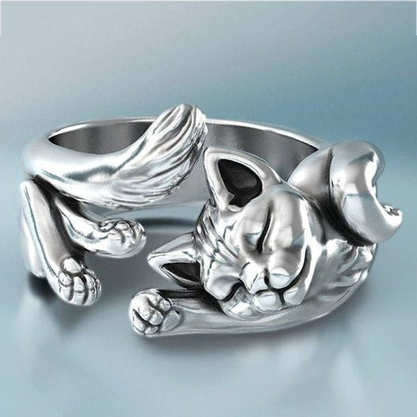 Sterling Silver Artistic Sleeping Cat Open Retro Kitten Ring