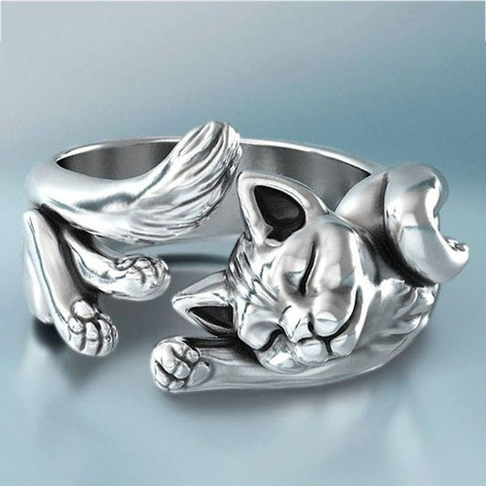 Sterling Silver Plated Artistic Sleeping Cat Open Retro Kitten Ring