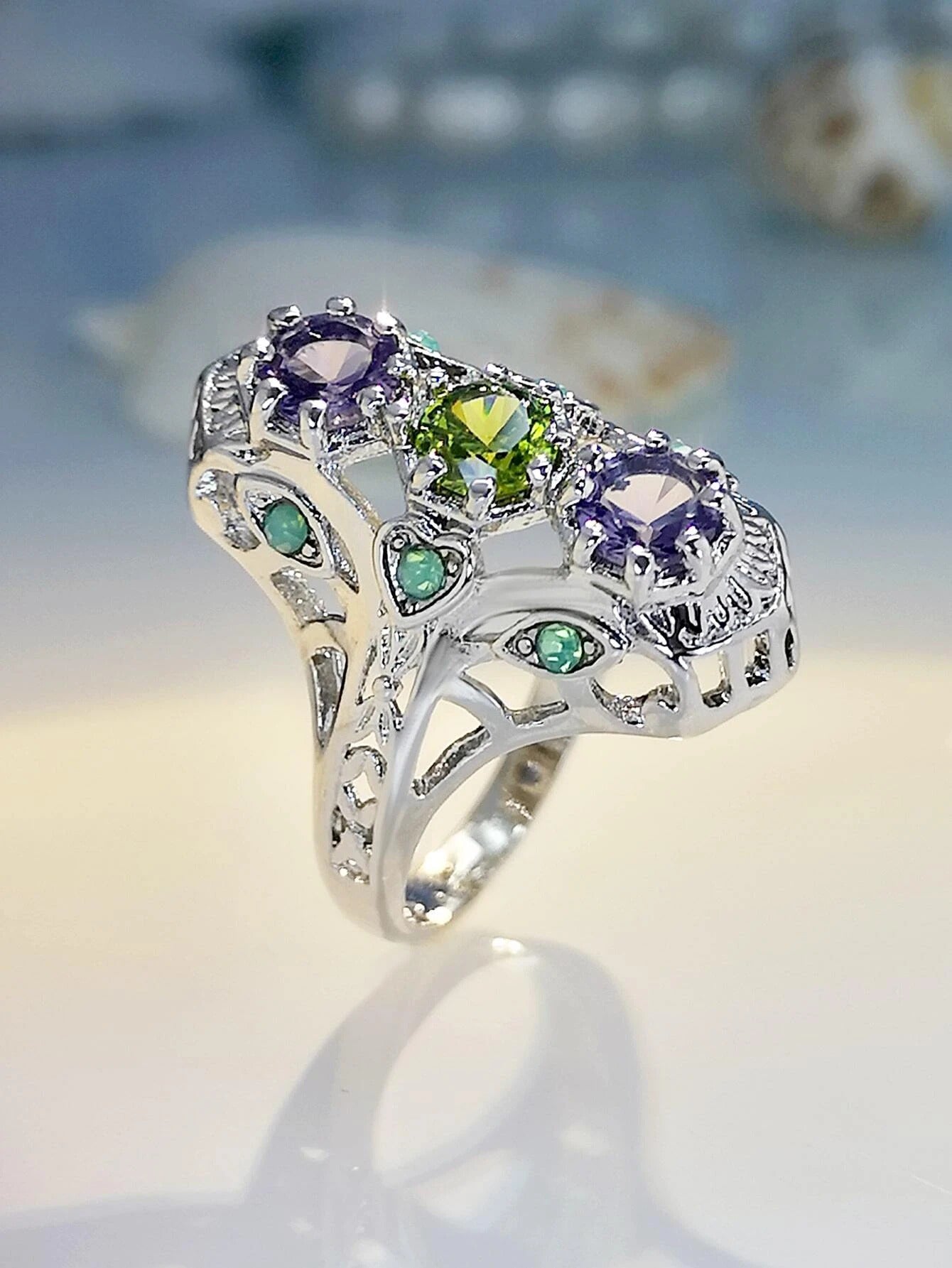 925 Sterling Silver Amethyst & Peridot Vintage Ring
