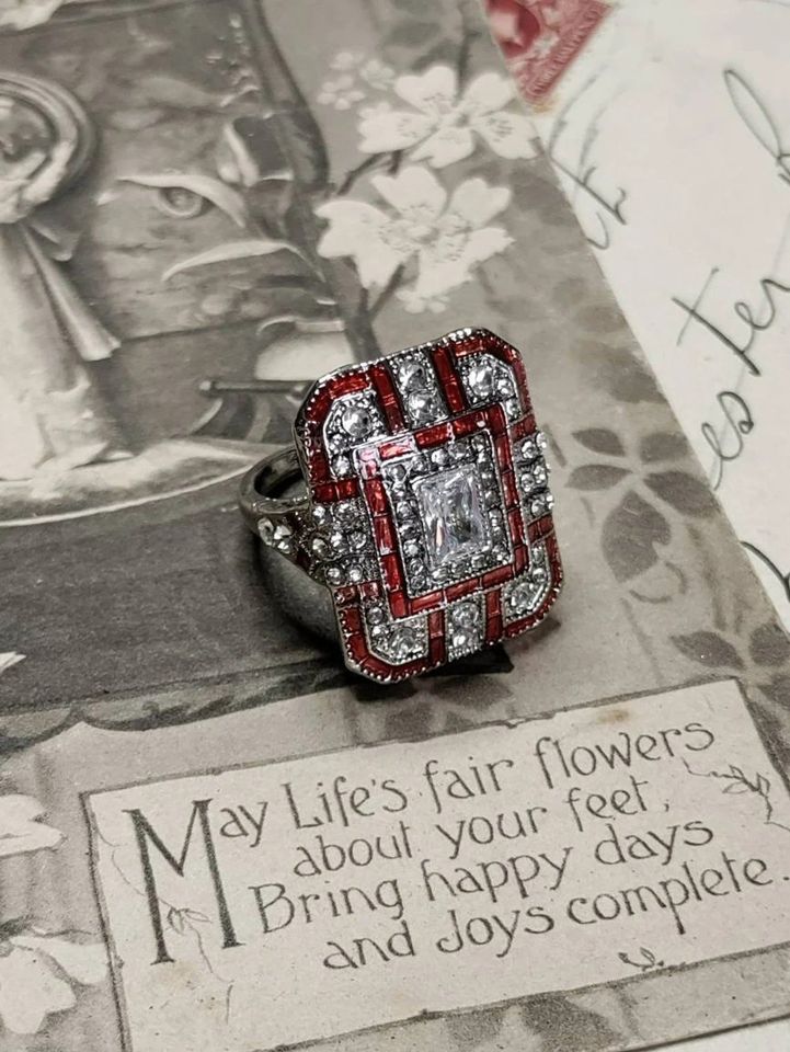 Antique Art Deco Silver Natural Red Sapphire & CZ Gemstone Ring