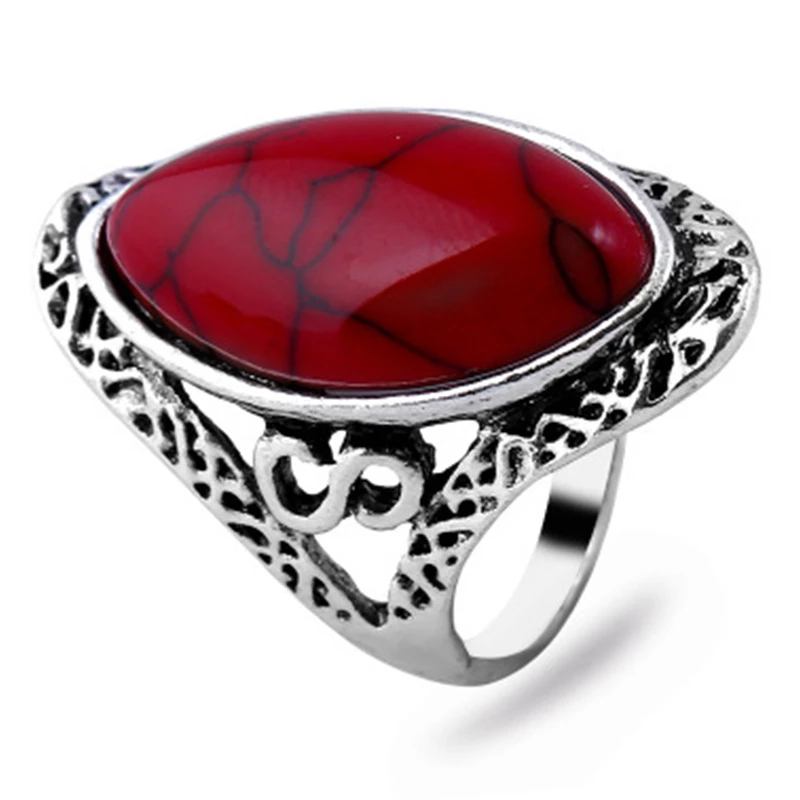 Natural Red 27mm Stone Hollow Antique Silver Ring