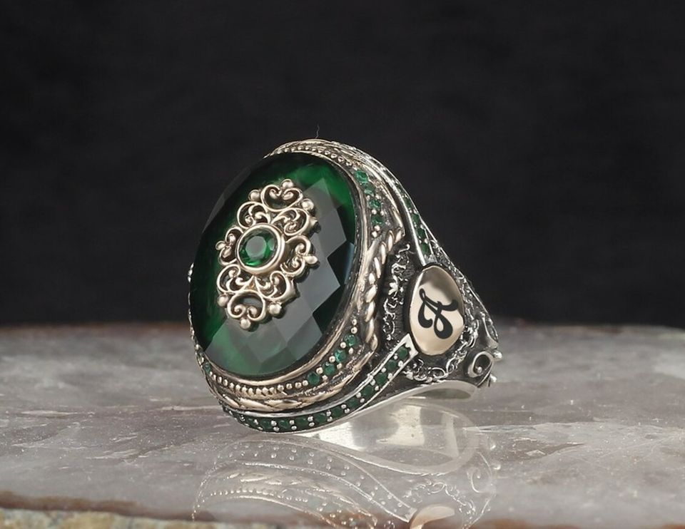 Men's Turkish Emerald Green Personalized A Vintage Silver Ring