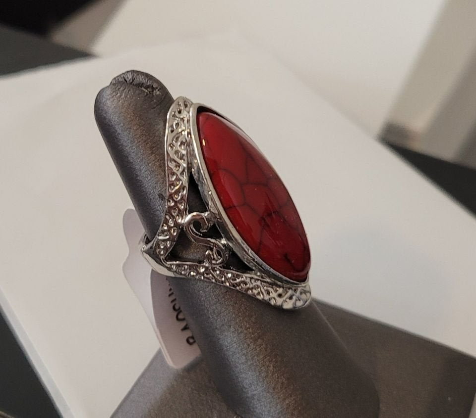 Natural Red 27mm Stone Hollow Antique Silver Ring