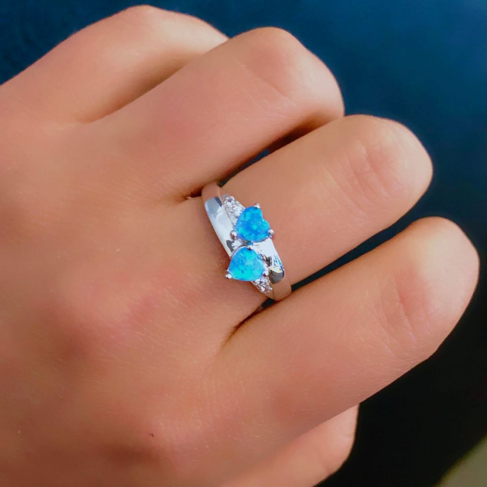 Blue Fire Opal Double Heart Silver Ring