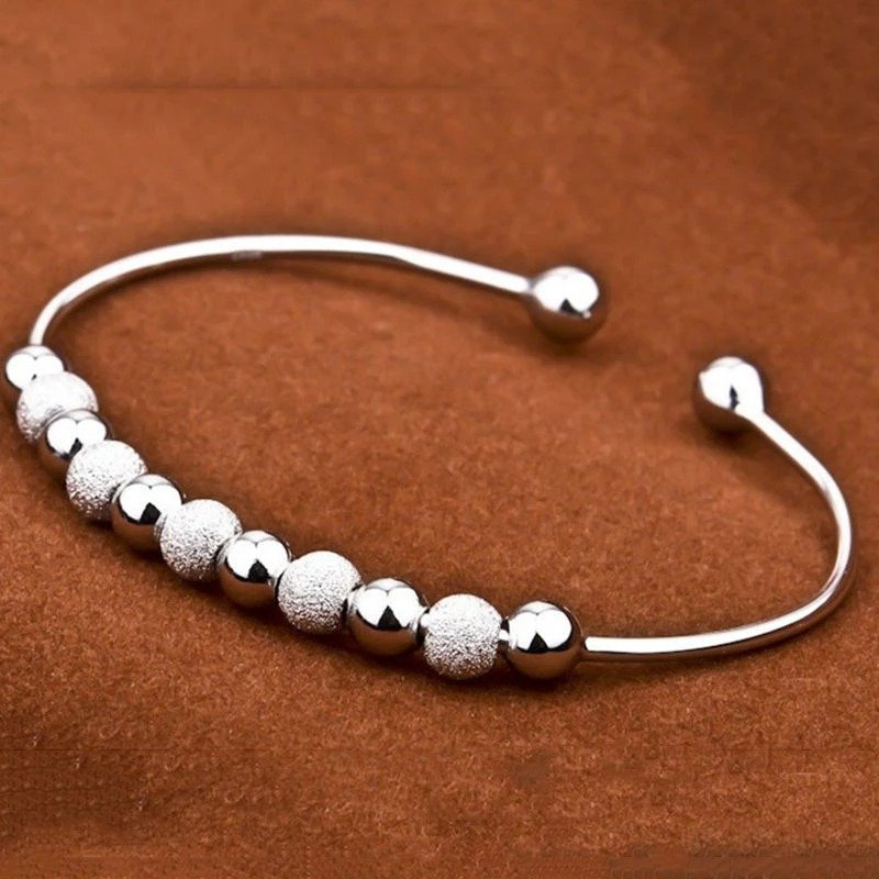 925 Sterling Silver Charm Light Sand Bead Bangle Bracelet