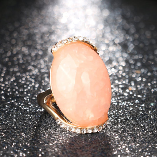 Big Oval Pink Epoxy Mosaic Antique Gold Vintage Ring