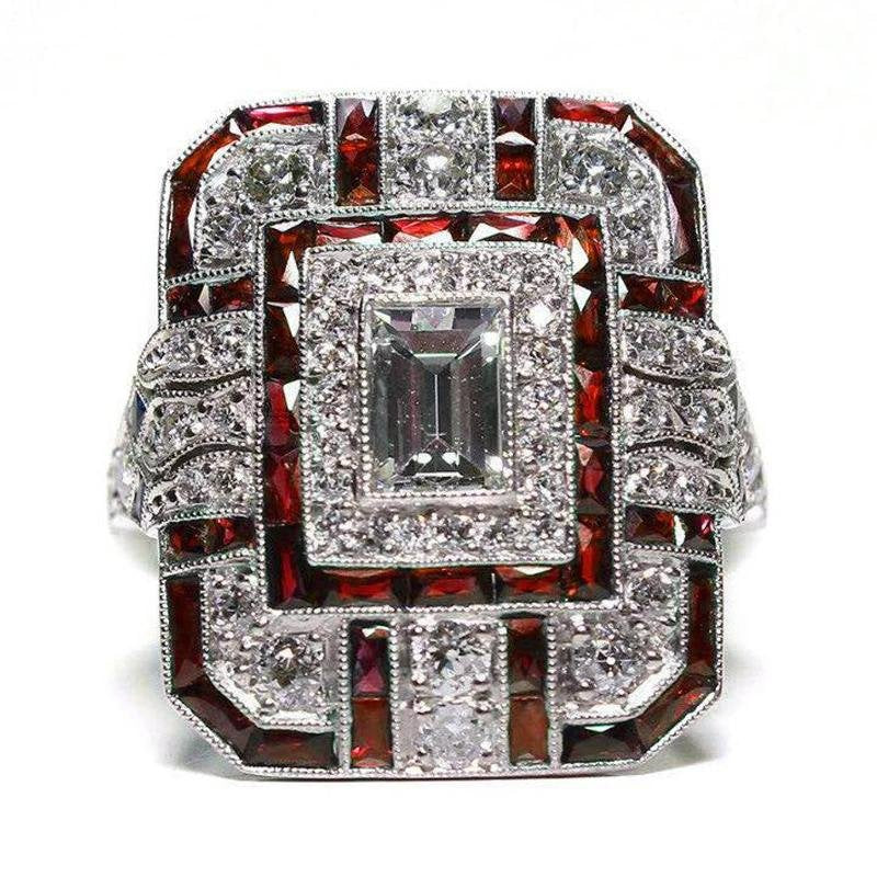Antique Art Deco Silver Natural Red Sapphire & CZ Gemstone Ring