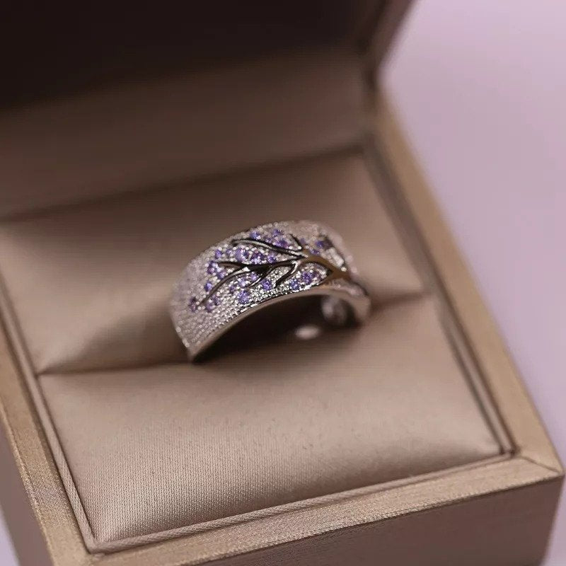 925 Sterling Silver Purple Tree Branch Leaves Blossom Ring