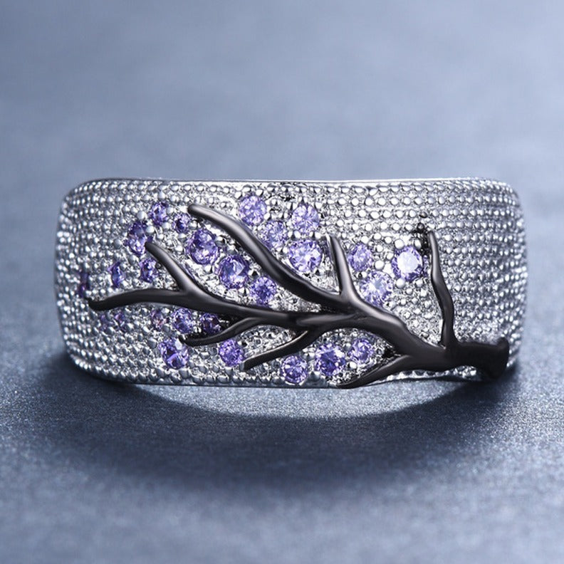 925 Sterling Silver Purple Tree Branch Leaves Blossom Ring