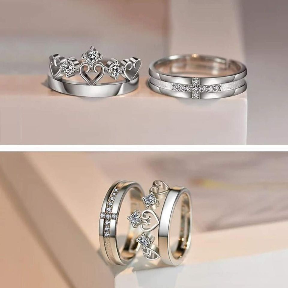 2pcs Sterling Silver Matching Crown Cross Couple Rings