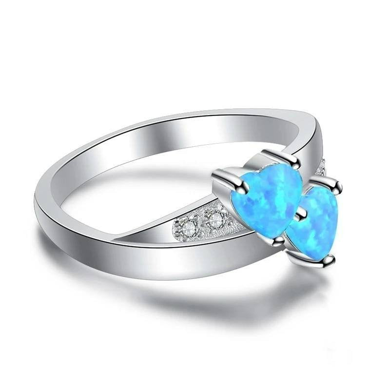 Blue Fire Opal Double Heart Silver Ring