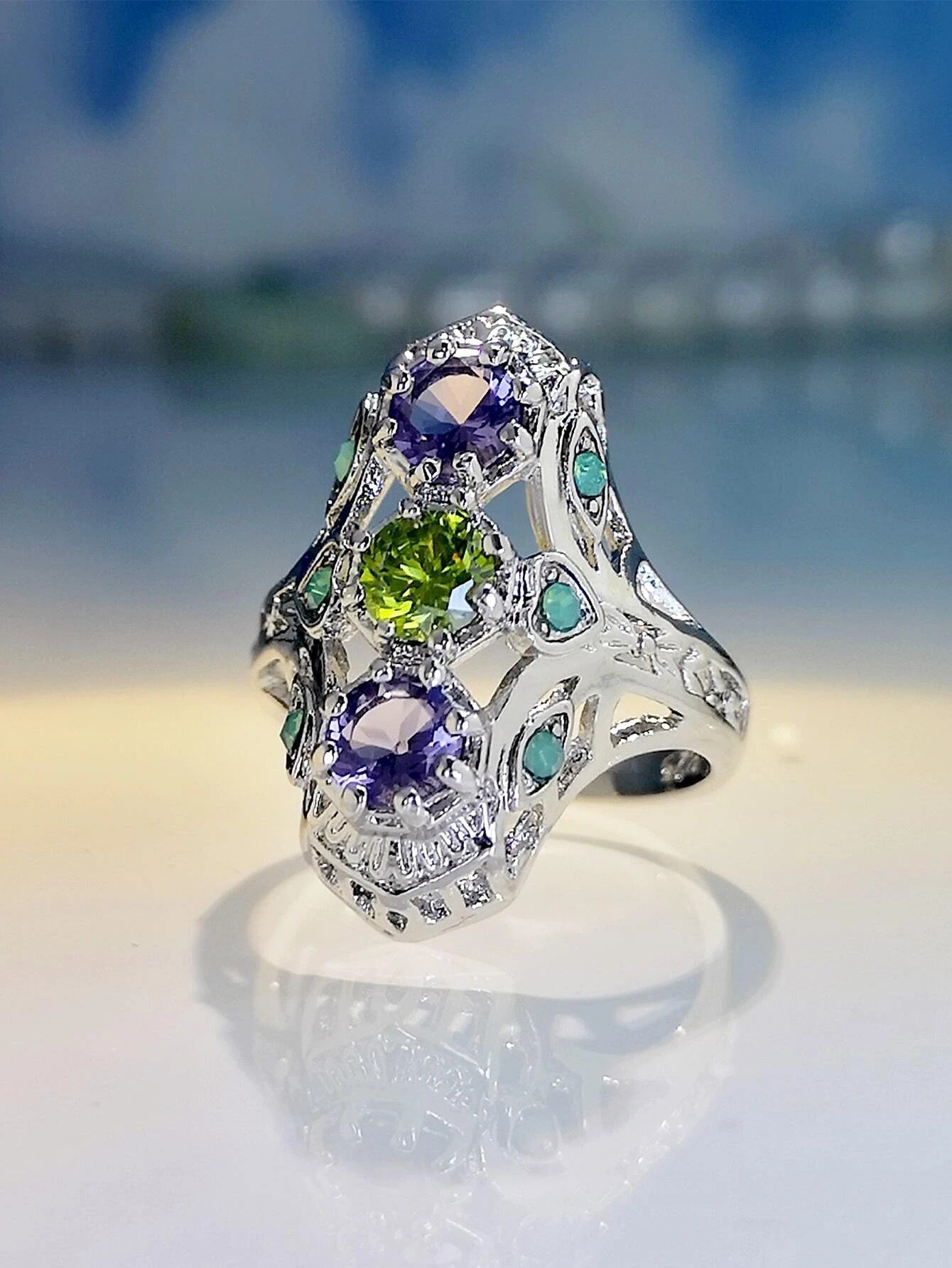 925 Sterling Silver Amethyst & Peridot Vintage Ring