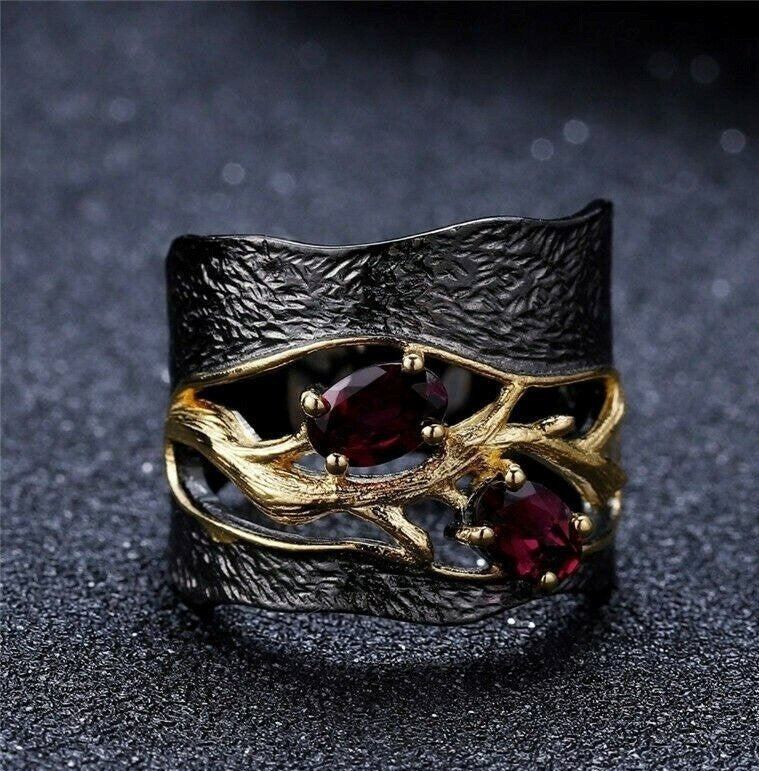 Handmade Red Rhodolite Garnet Golden Branch Black Retro Ring