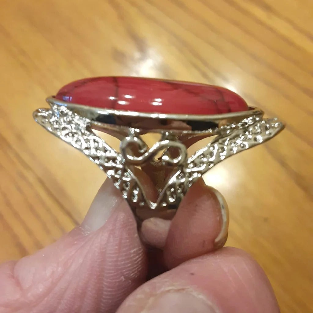 Natural Red 27mm Stone Hollow Antique Silver Ring