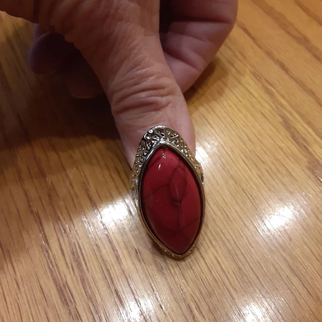 Natural Red 27mm Stone Hollow Antique Silver Ring