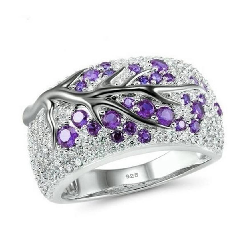 925 Sterling Silver Purple Tree Branch Leaves Blossom Ring