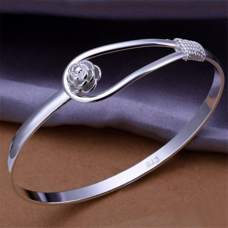 925 Sterling Silver Charm Rose Flower Open Bead Bangle Bracelet