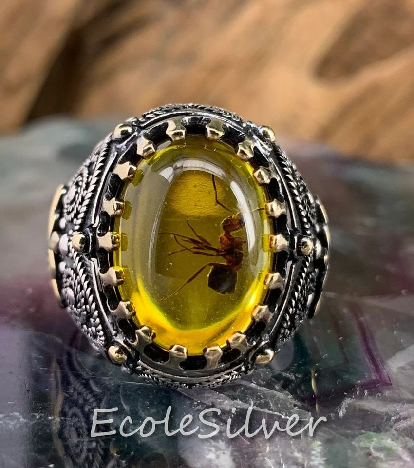 Men's Royal King Crown Amber Ant Fossil Insect Two Tone Ring