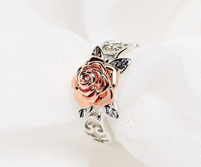 Exquisite Silver Floral Rose Flower Ring